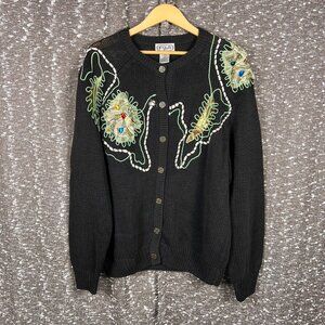 Vintage P' Galli Black Abstract Decorative Jeweled Ribbon Button Up‎ Sweater